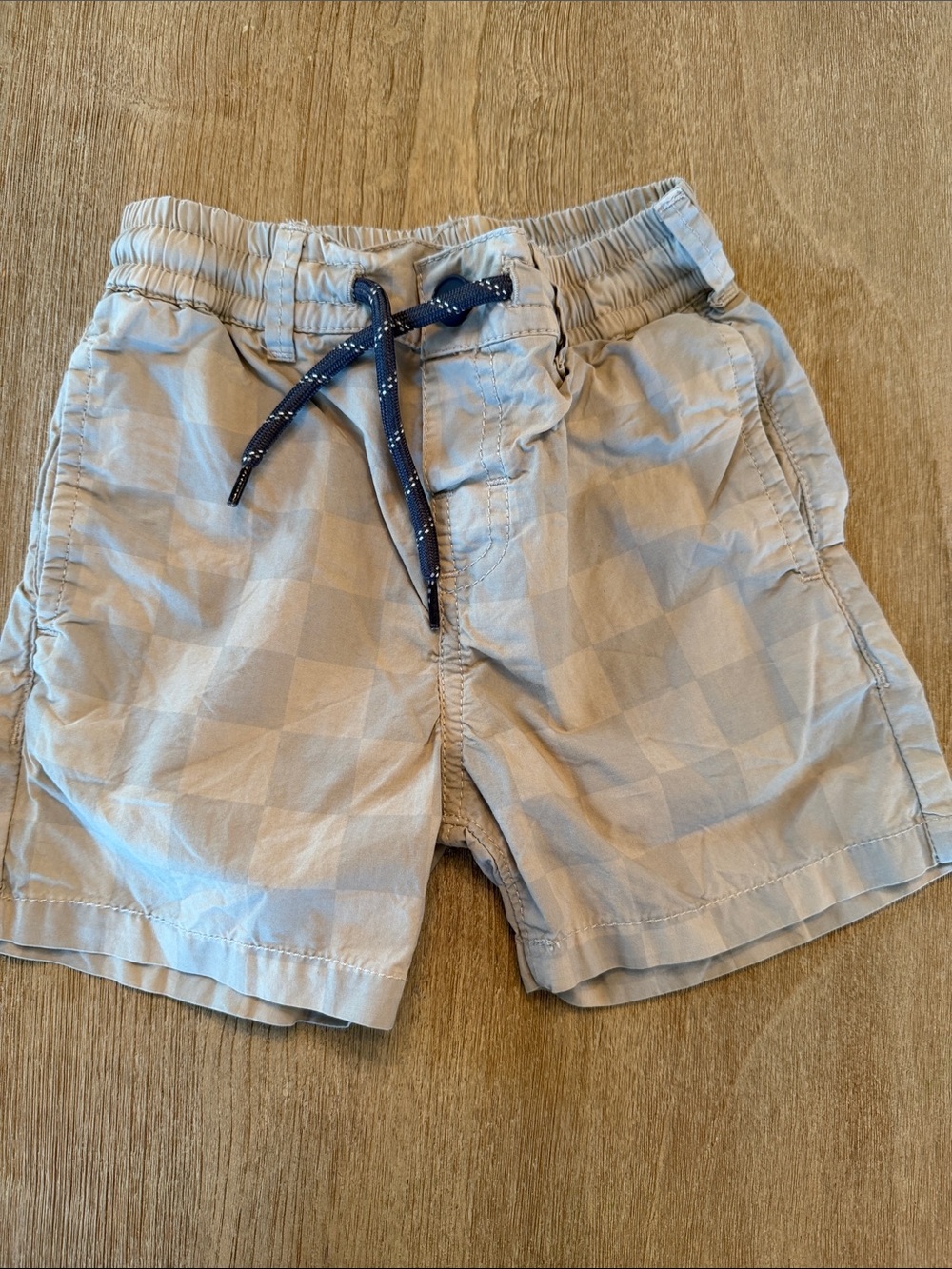 Mayoral Tan Plaid Shorts with Navy Drawstring